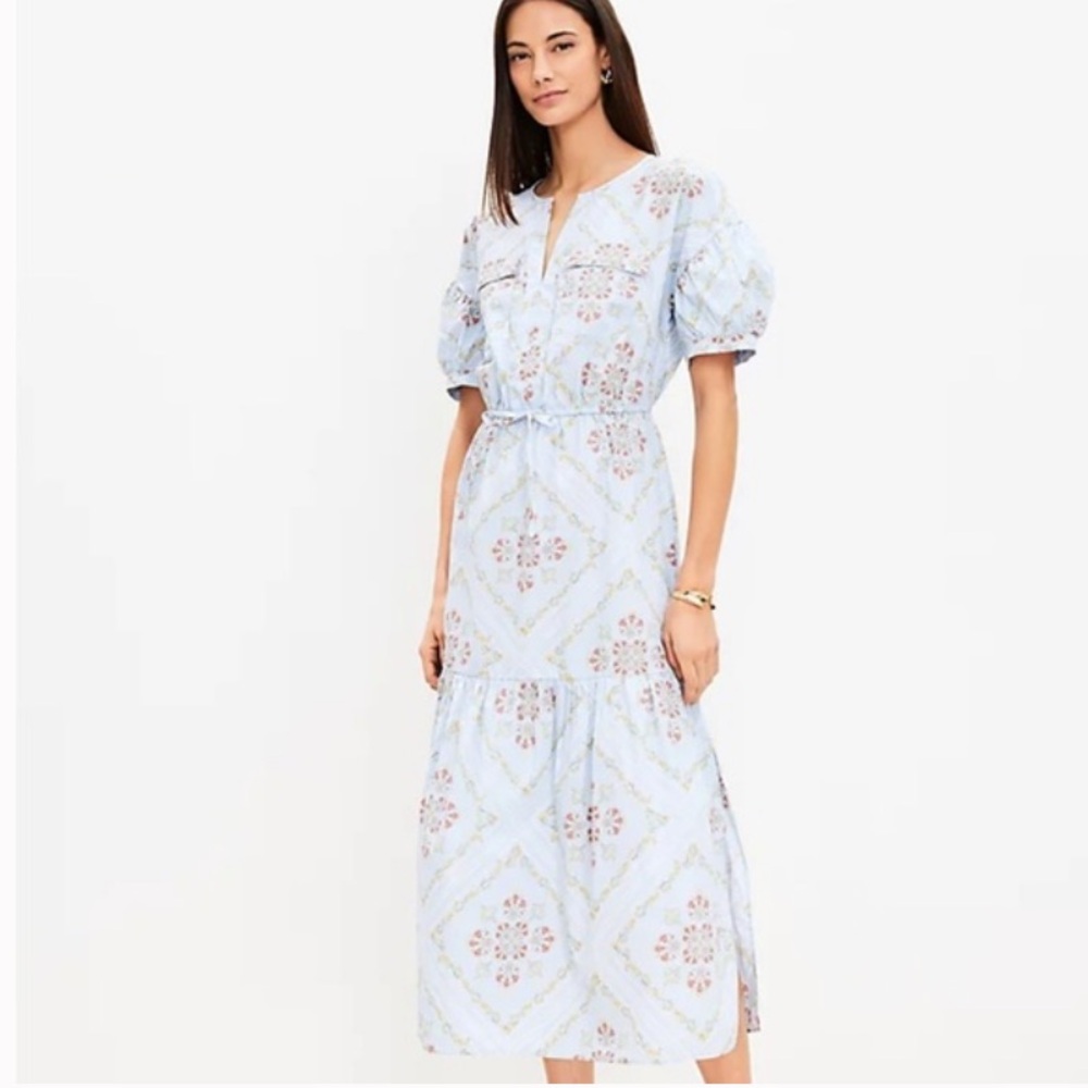EUC LOFT 100% Cotton Tiered Midi Dress w/ Balloon Puffed Sleeves